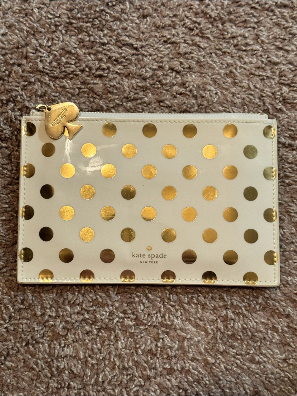 Kate Spade White and Gold Polka Dots Heart Pull Tab Women's Zip Pouch